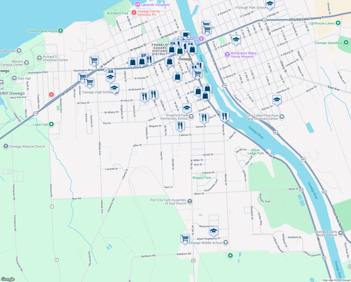 map of restaurants, bars, coffee shops, grocery stores, and more near 145 Ellen Street in Oswego