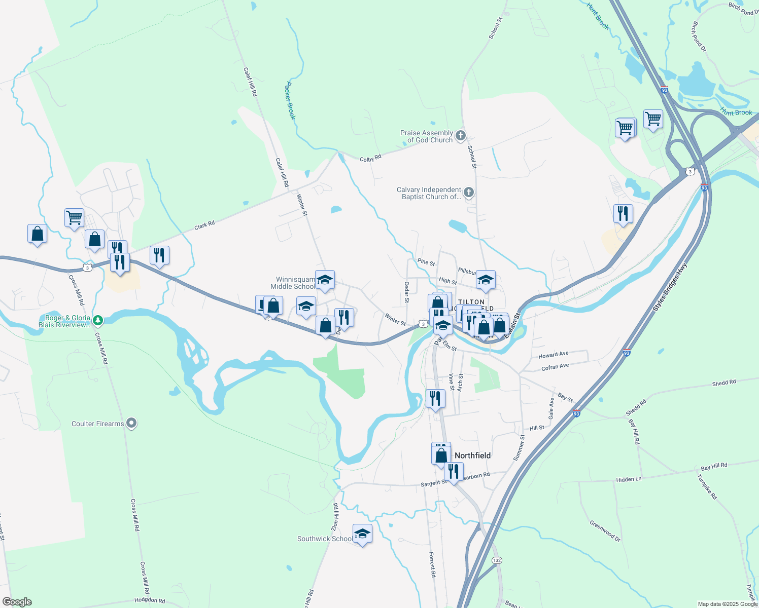map of restaurants, bars, coffee shops, grocery stores, and more near 37 Winter Street in Tilton