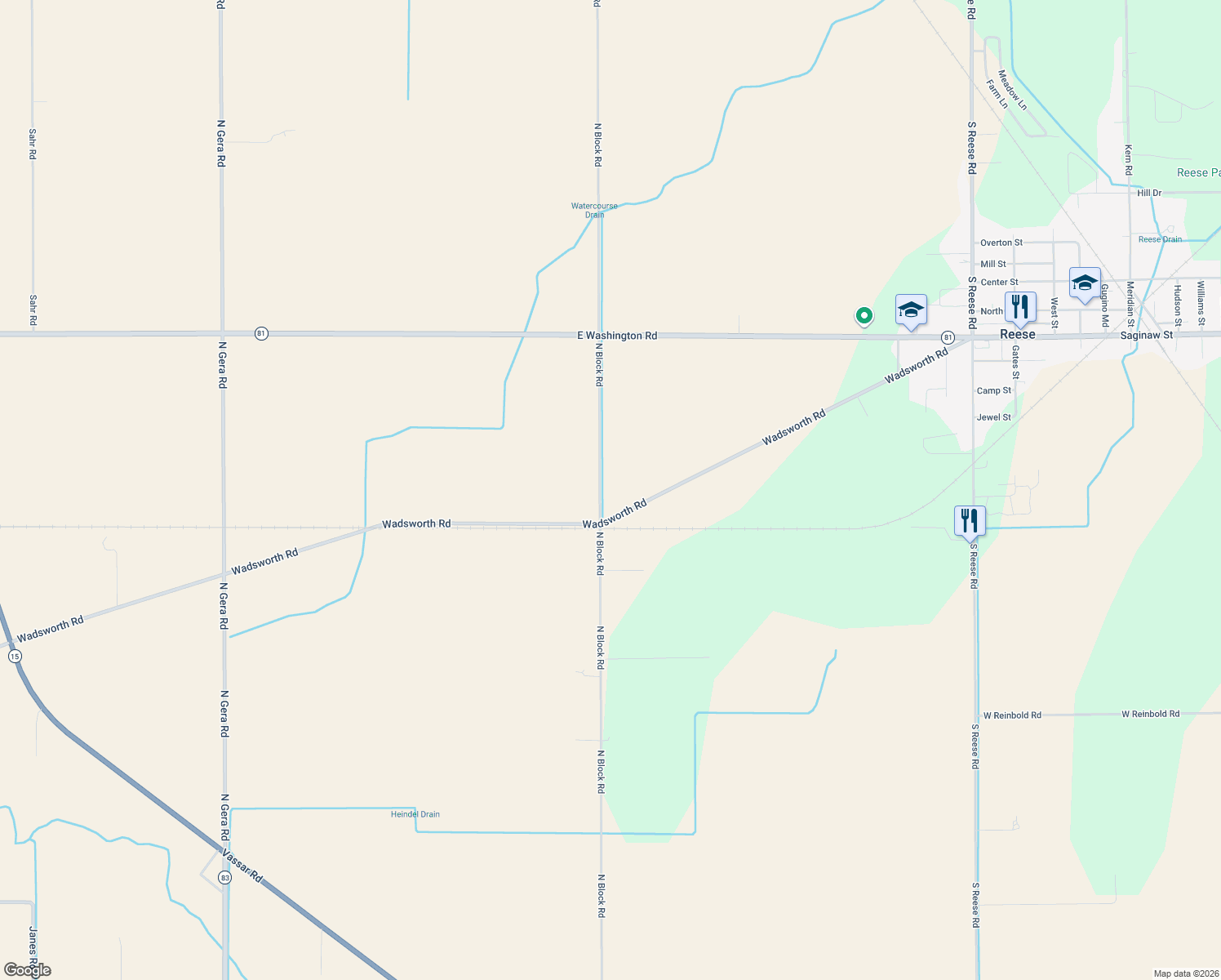 map of restaurants, bars, coffee shops, grocery stores, and more near 2604 North Block Road in Reese