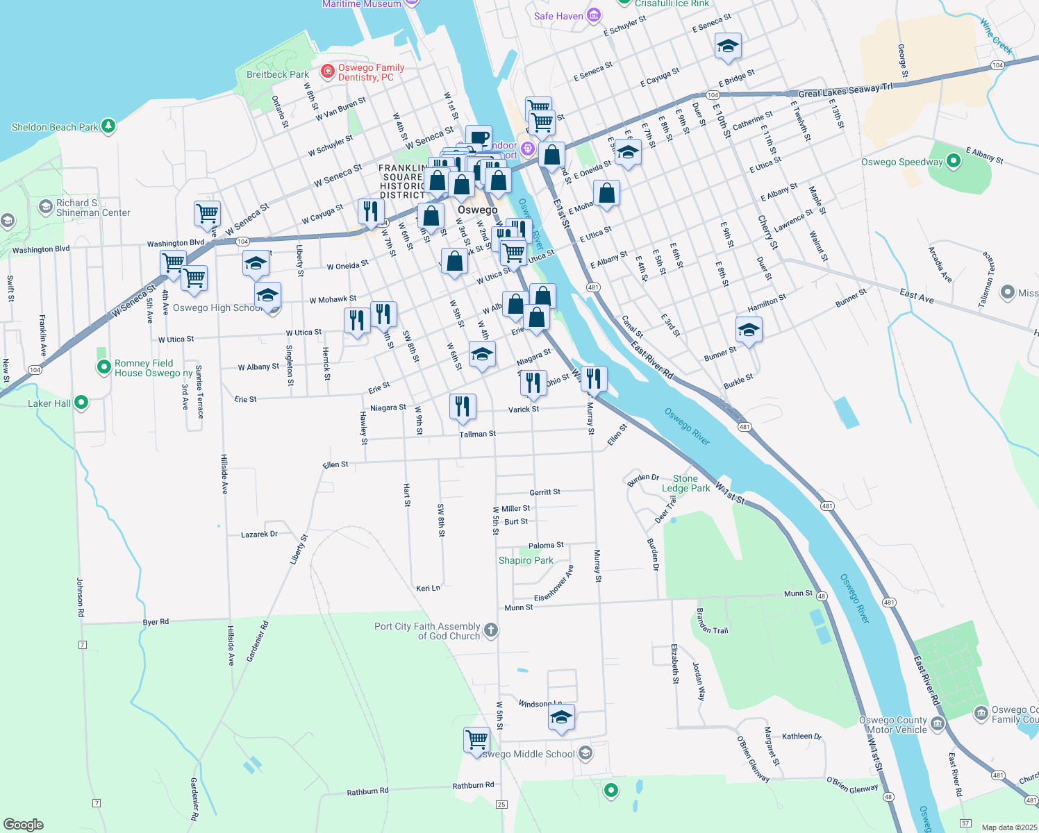 map of restaurants, bars, coffee shops, grocery stores, and more near 52 Varick St in Oswego