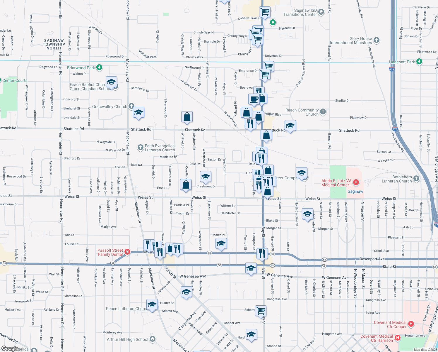 map of restaurants, bars, coffee shops, grocery stores, and more near 2796 Dunmore Drive in Saginaw