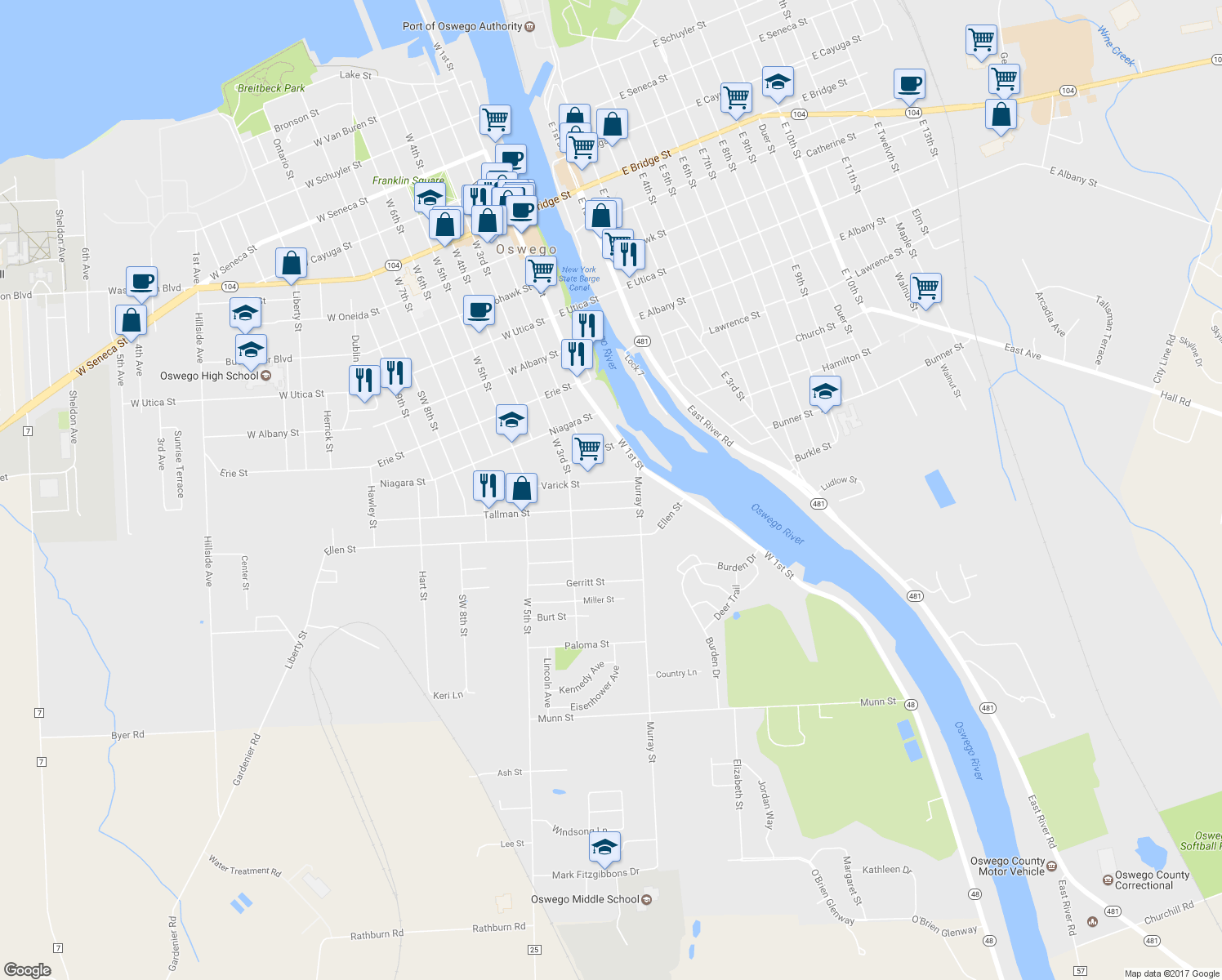 map of restaurants, bars, coffee shops, grocery stores, and more near 18 Varick St in Oswego