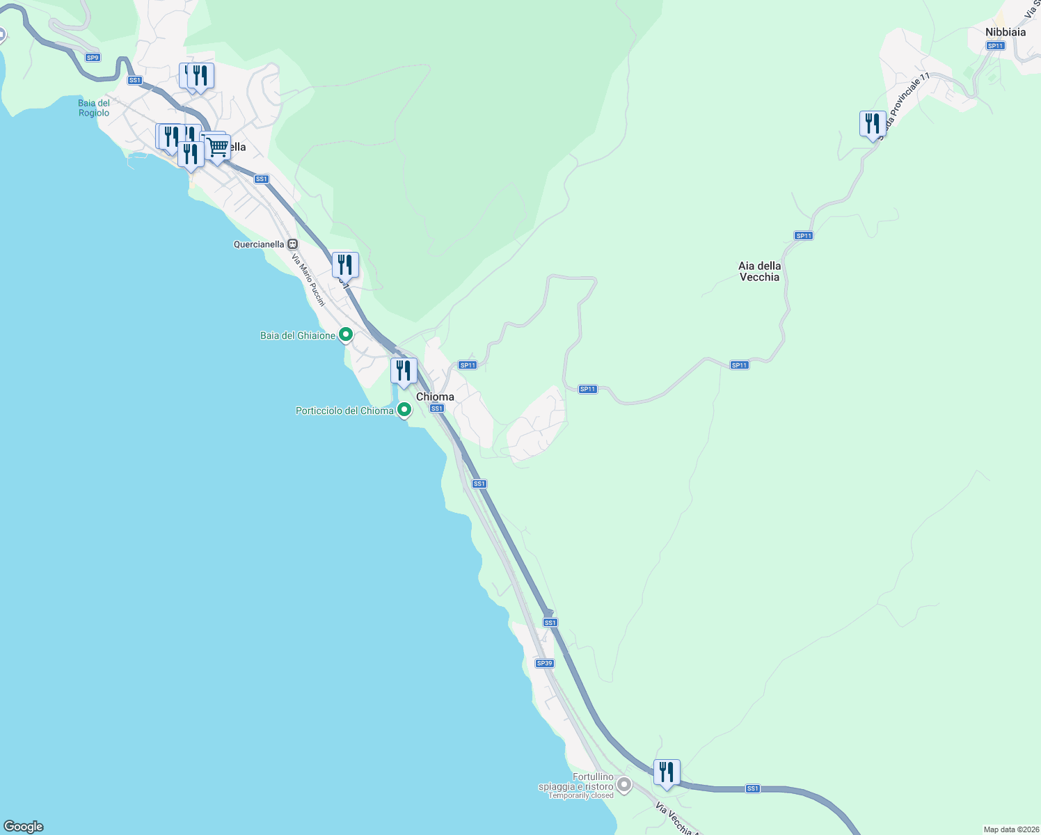 map of restaurants, bars, coffee shops, grocery stores, and more near 20 Via delle Rose in Chioma