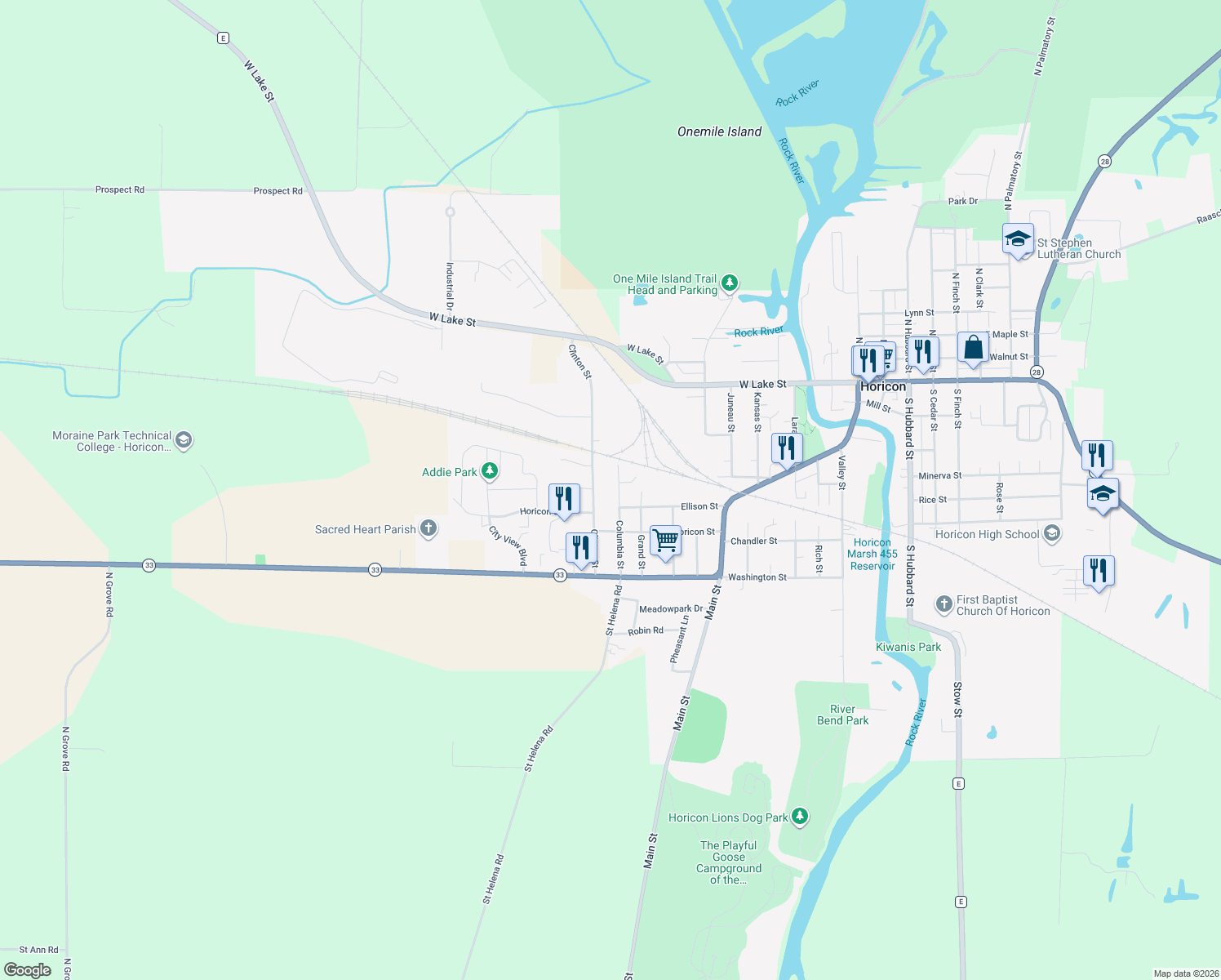 map of restaurants, bars, coffee shops, grocery stores, and more near 504 Columbia St in Horicon