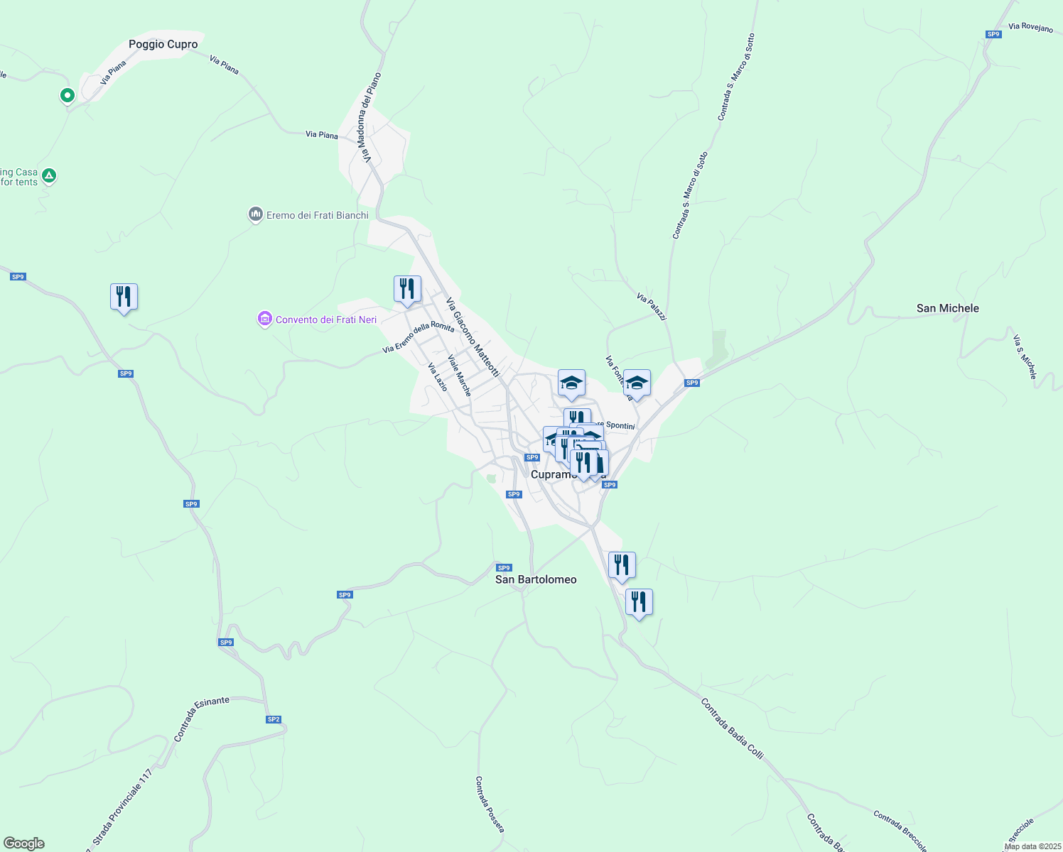 map of restaurants, bars, coffee shops, grocery stores, and more near 147 Via Giacomo Matteotti in Cupramontana