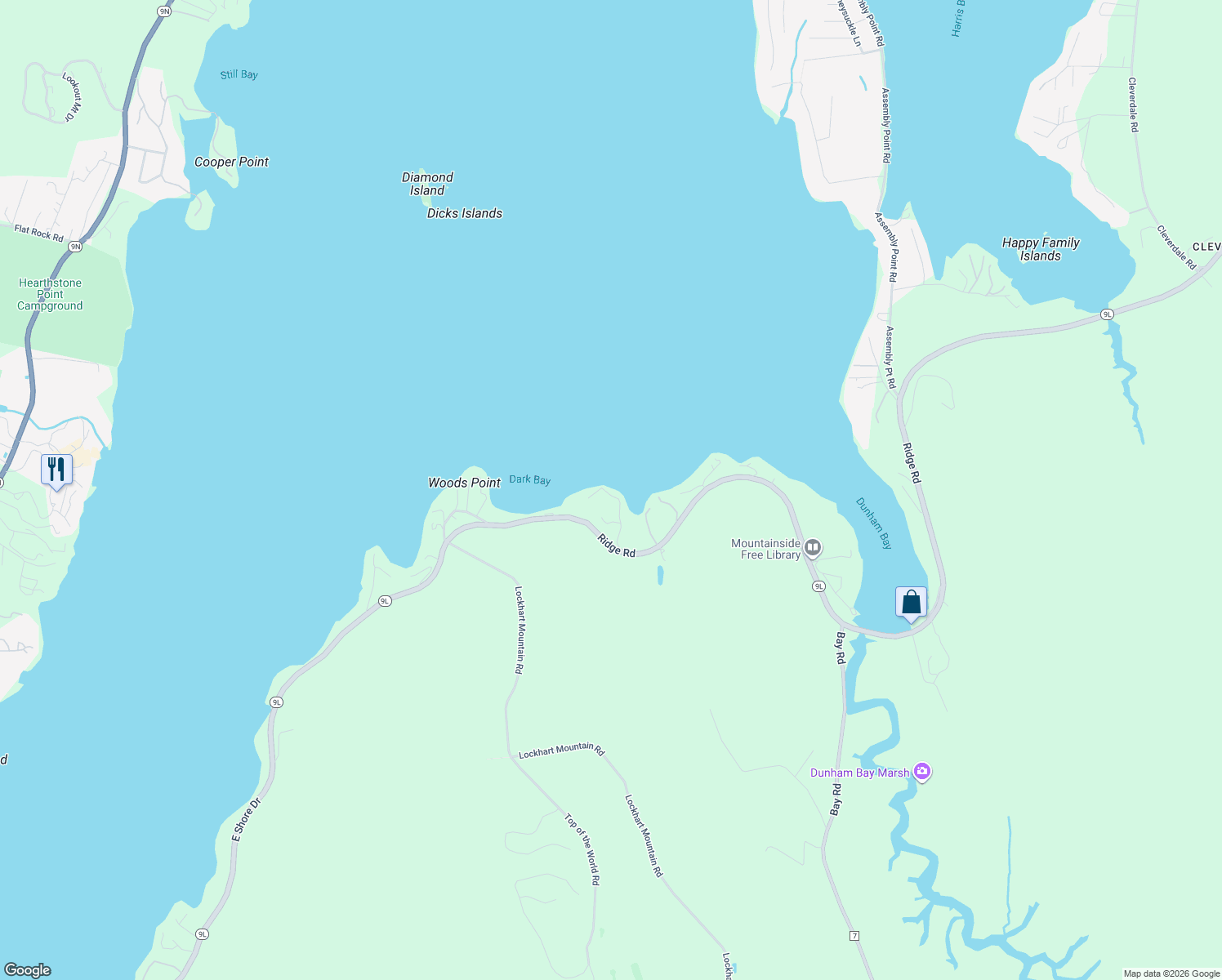 map of restaurants, bars, coffee shops, grocery stores, and more near 40 Dark Bay Lane in Lake George