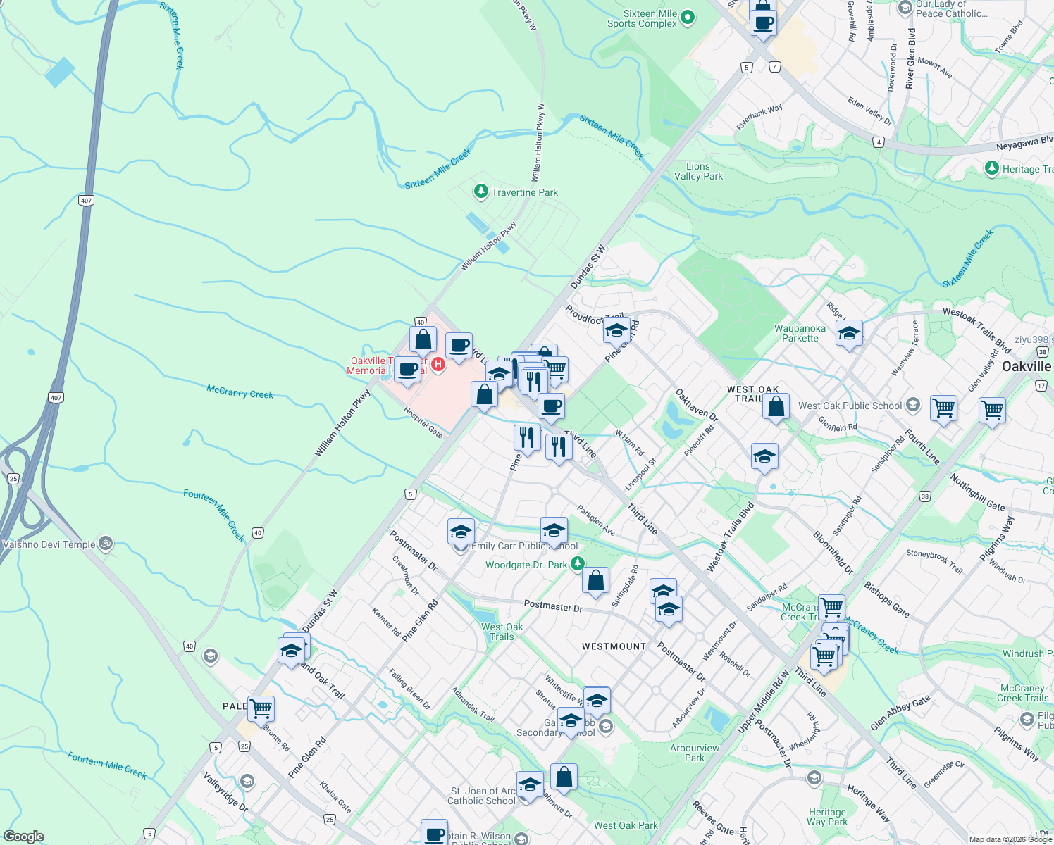 map of restaurants, bars, coffee shops, grocery stores, and more near 2422 Shadow Ct in Oakville