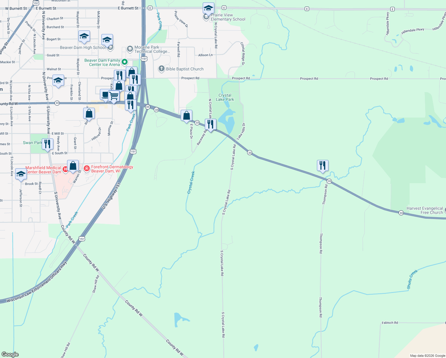 map of restaurants, bars, coffee shops, grocery stores, and more near N7019 S Crystal Lake Rd in Beaver Dam