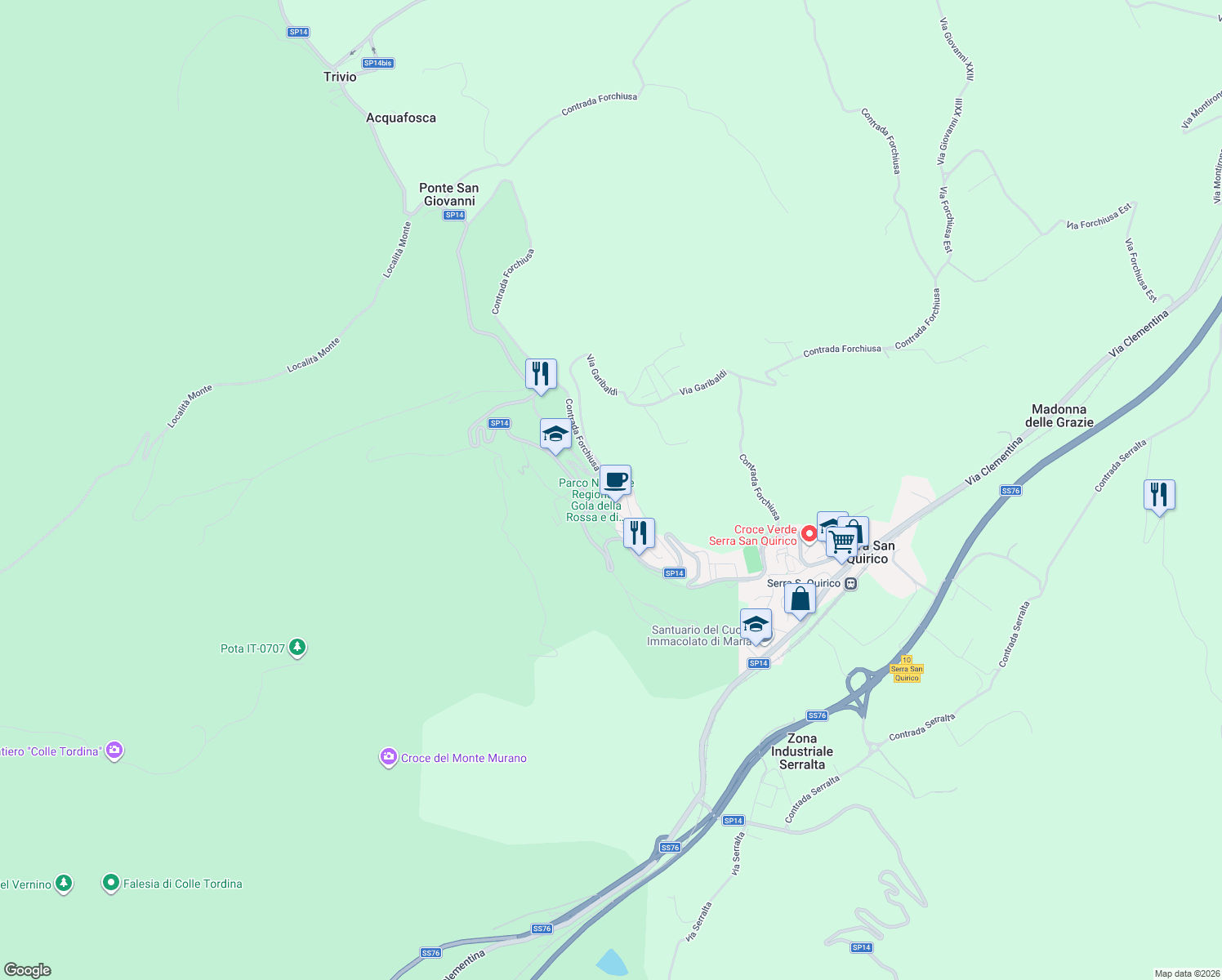 map of restaurants, bars, coffee shops, grocery stores, and more near 16 Via Garibaldi in Serra San Quirico