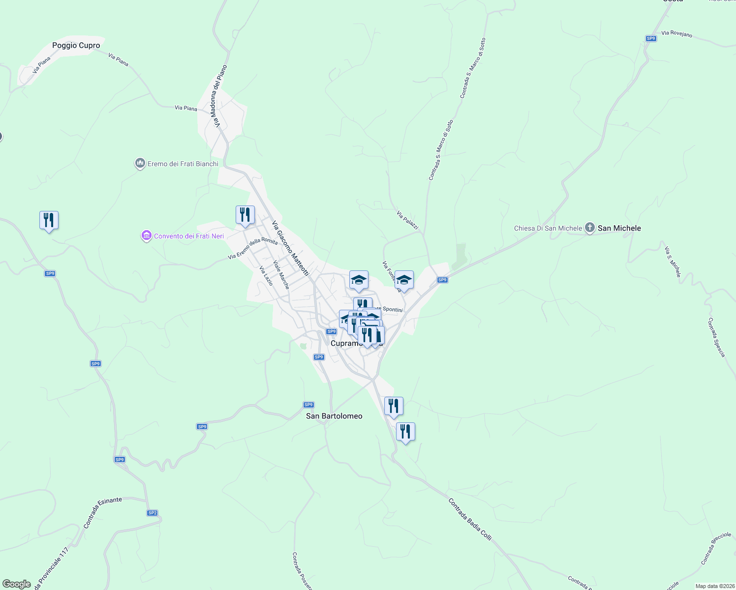 map of restaurants, bars, coffee shops, grocery stores, and more near 22 Via Giuseppe Uncini in Cupramontana