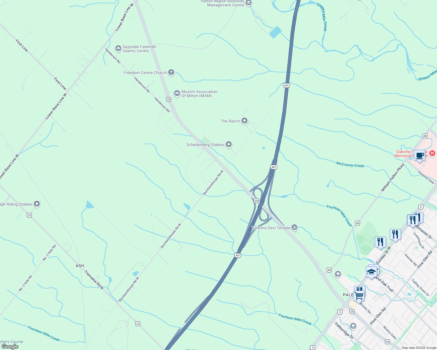 map of restaurants, bars, coffee shops, grocery stores, and more near 3029 Burnhamthorpe Road West in Milton