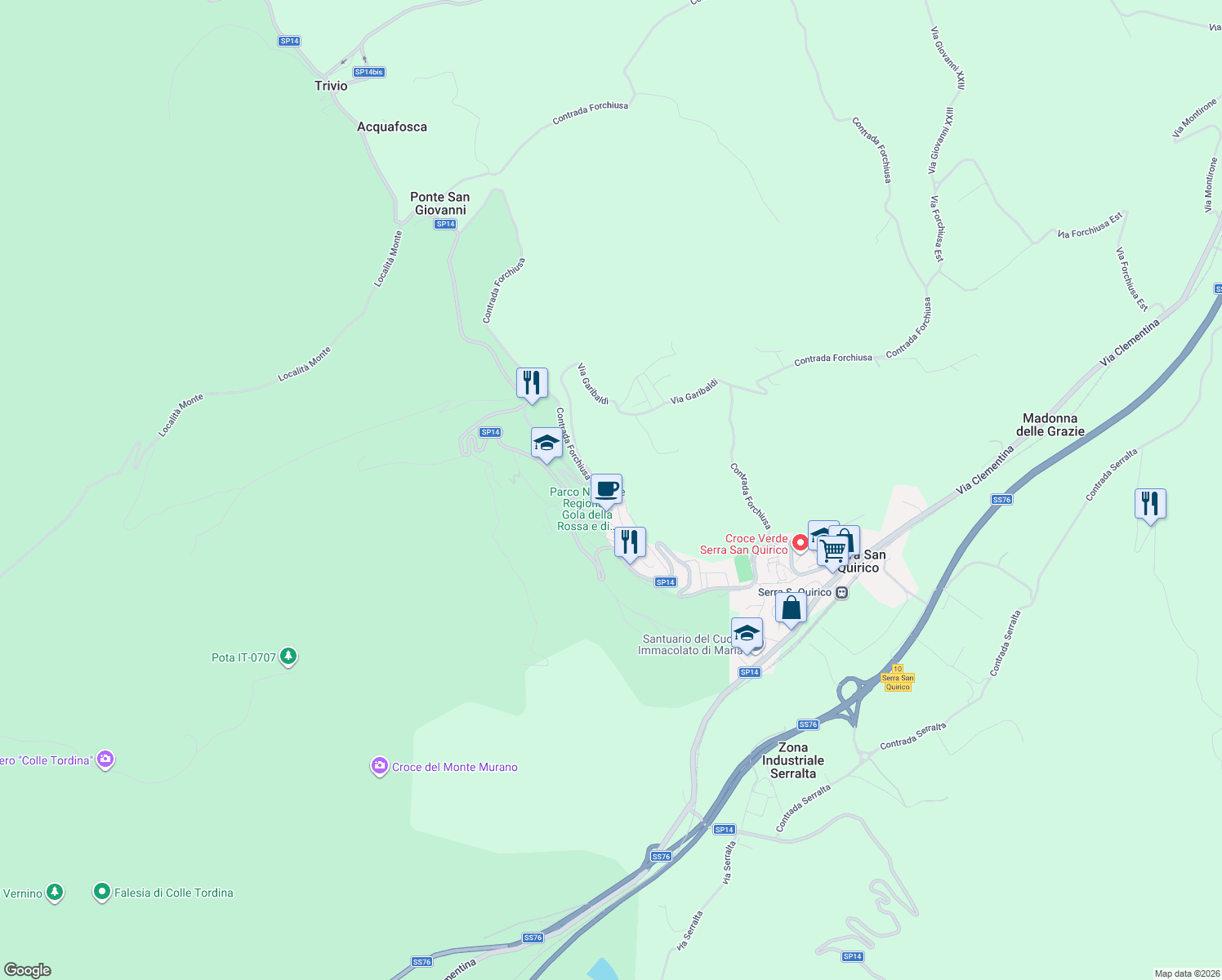 map of restaurants, bars, coffee shops, grocery stores, and more near 16 Via Garibaldi in Serra San Quirico