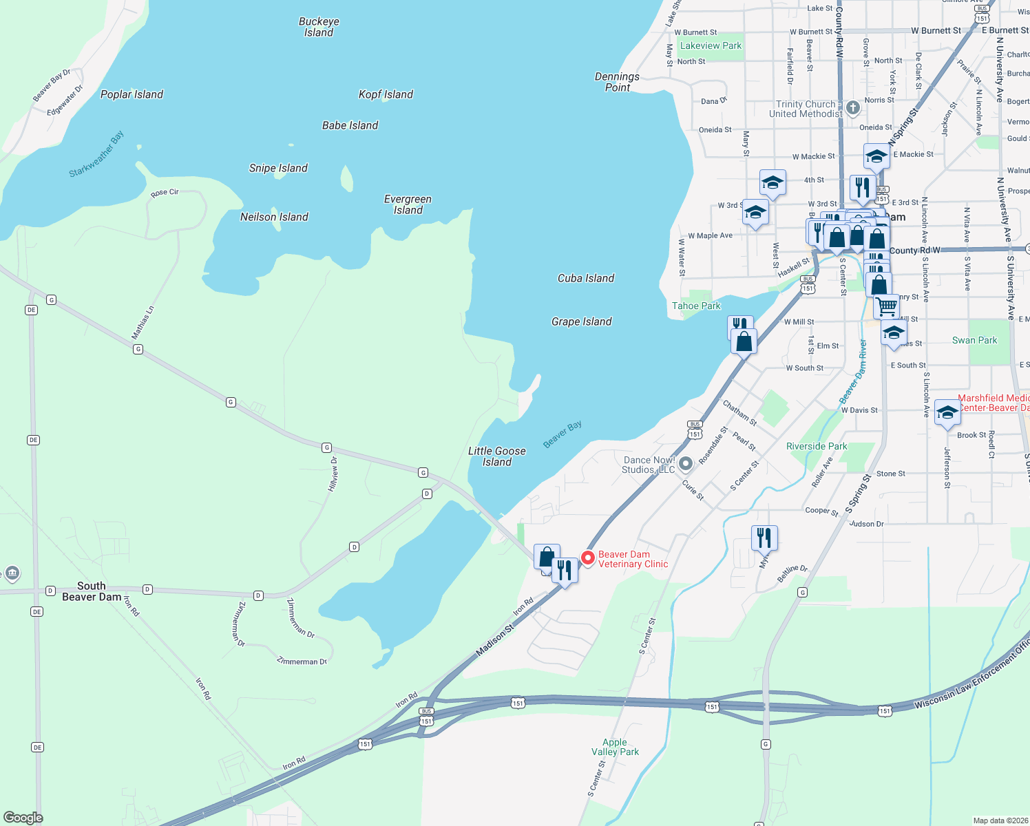map of restaurants, bars, coffee shops, grocery stores, and more near N7046 Linde Rd in Beaver Dam