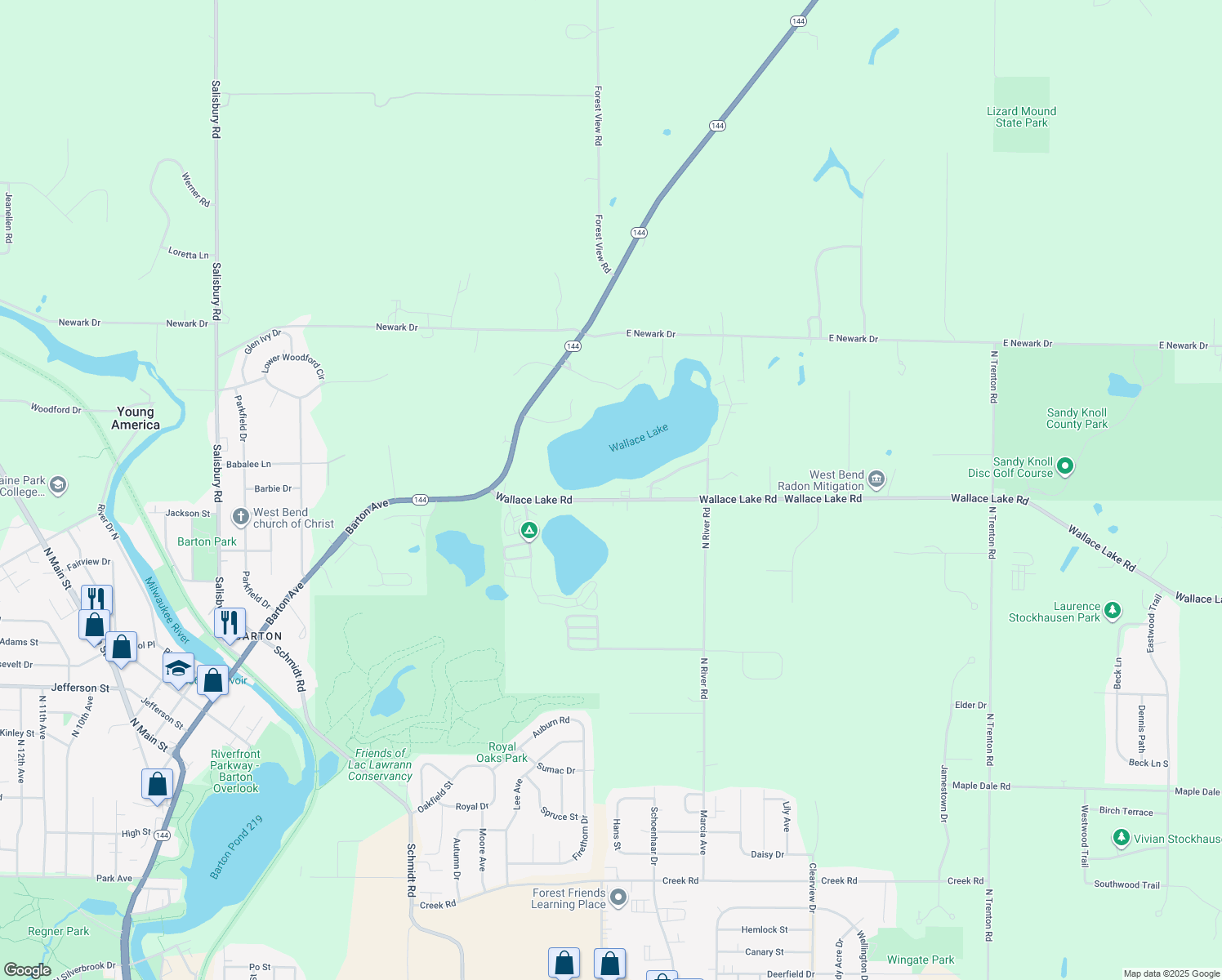 map of restaurants, bars, coffee shops, grocery stores, and more near 2486 Wallace Lake Road in West Bend