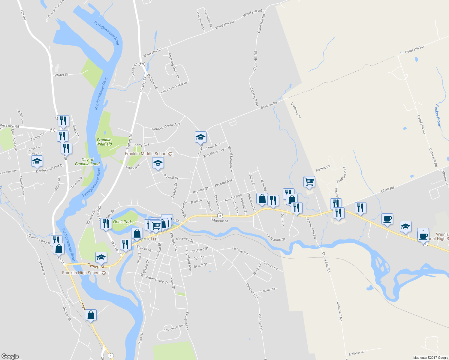 map of restaurants, bars, coffee shops, grocery stores, and more near 84 Clark Street in Franklin