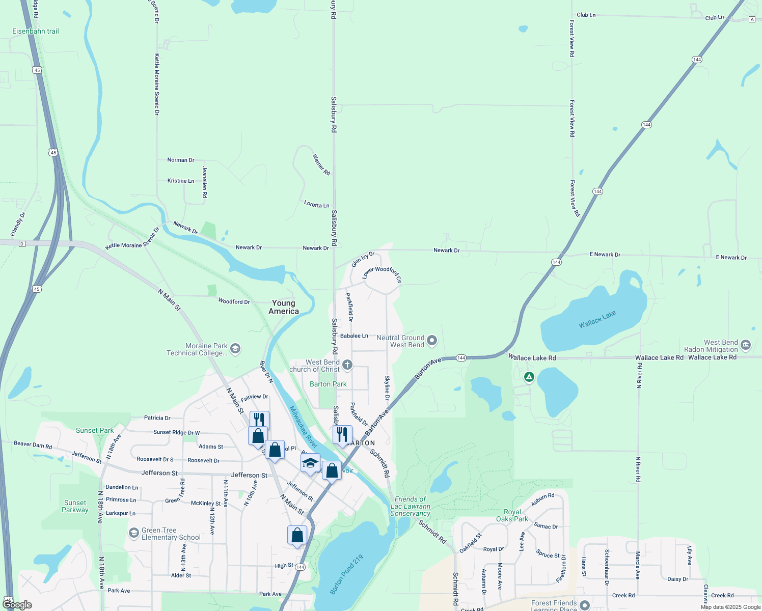 map of restaurants, bars, coffee shops, grocery stores, and more near 2620 Skyline Drive in West Bend