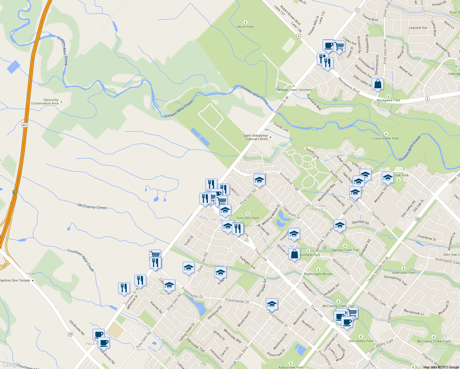 map of restaurants, bars, coffee shops, grocery stores, and more near 2473 Lazio Lane in Oakville