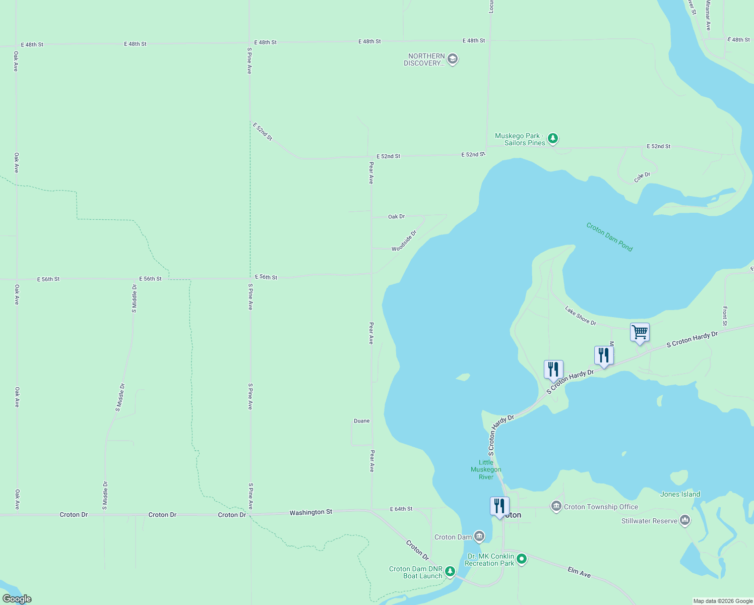 map of restaurants, bars, coffee shops, grocery stores, and more near 5694 Pear Avenue in Newaygo