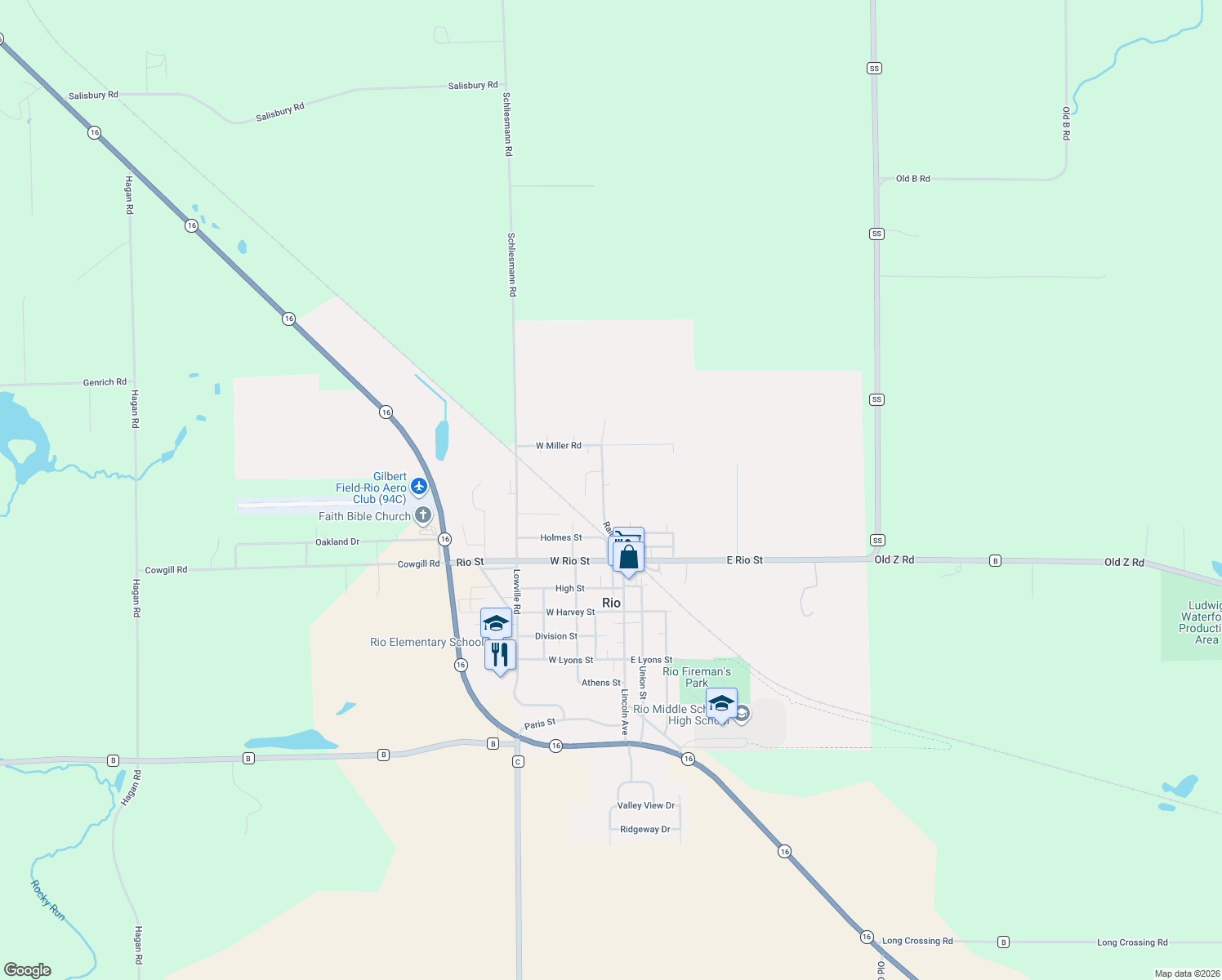 map of restaurants, bars, coffee shops, grocery stores, and more near 312 Railroad St in Rio