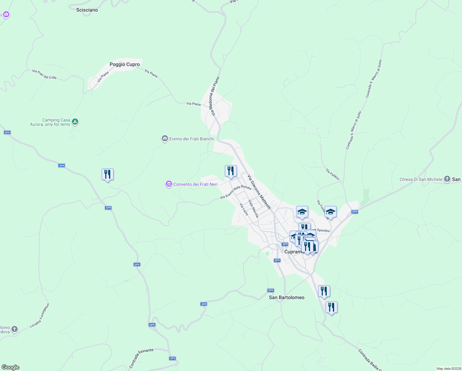 map of restaurants, bars, coffee shops, grocery stores, and more near 4A Via Giorgio Umani in Cupramontana