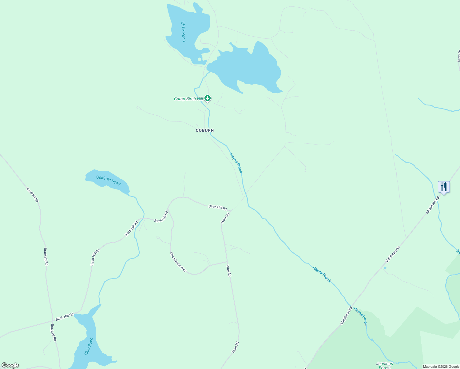 map of restaurants, bars, coffee shops, grocery stores, and more near 268 Birch Hill Road in New Durham