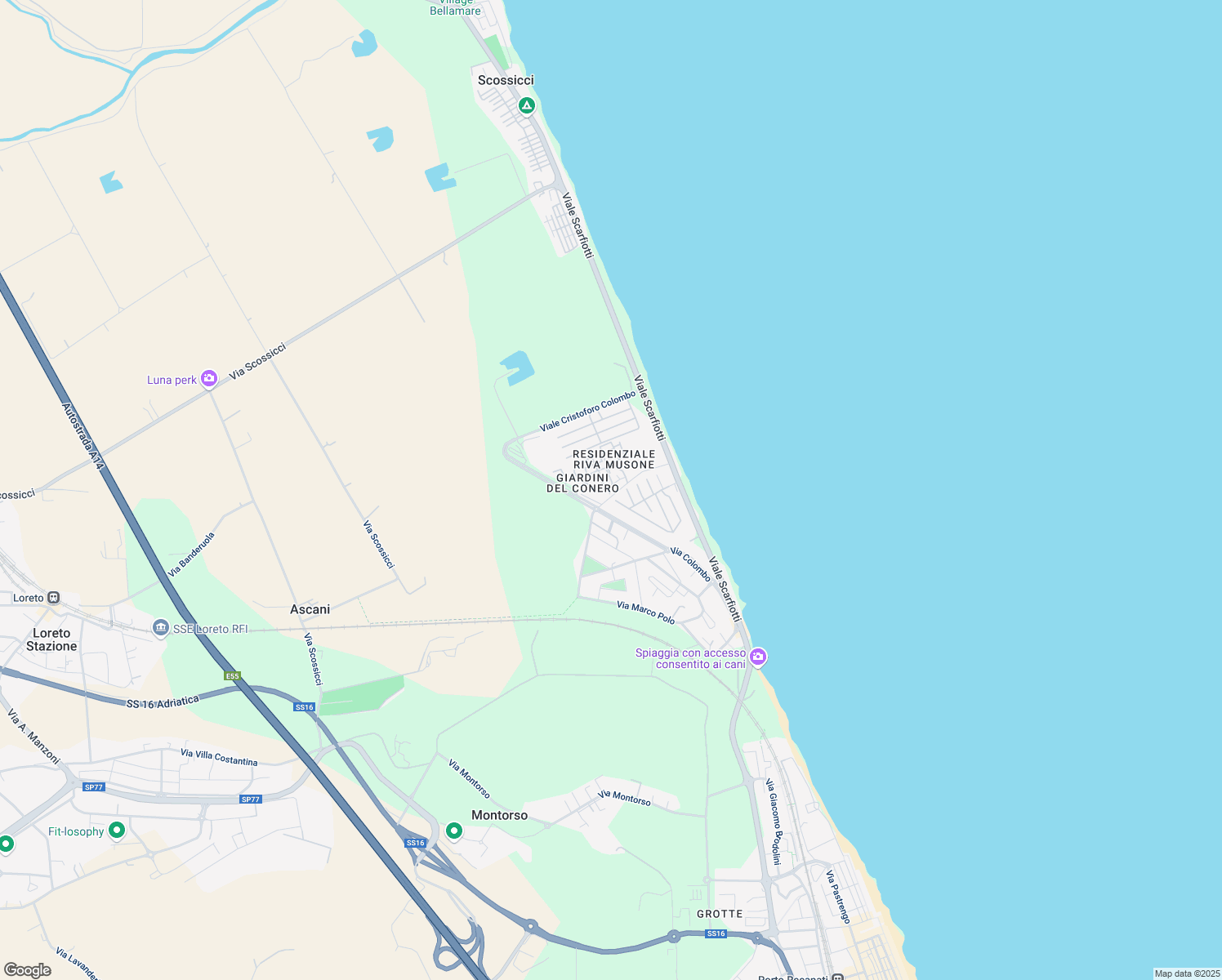 map of restaurants, bars, coffee shops, grocery stores, and more near 62 Via Vasco de Gama in Porto Recanati