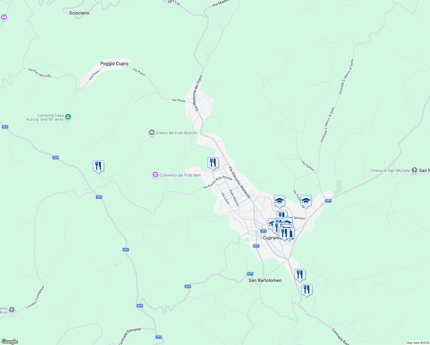 map of restaurants, bars, coffee shops, grocery stores, and more near 4A Via Giorgio Umani in Cupramontana