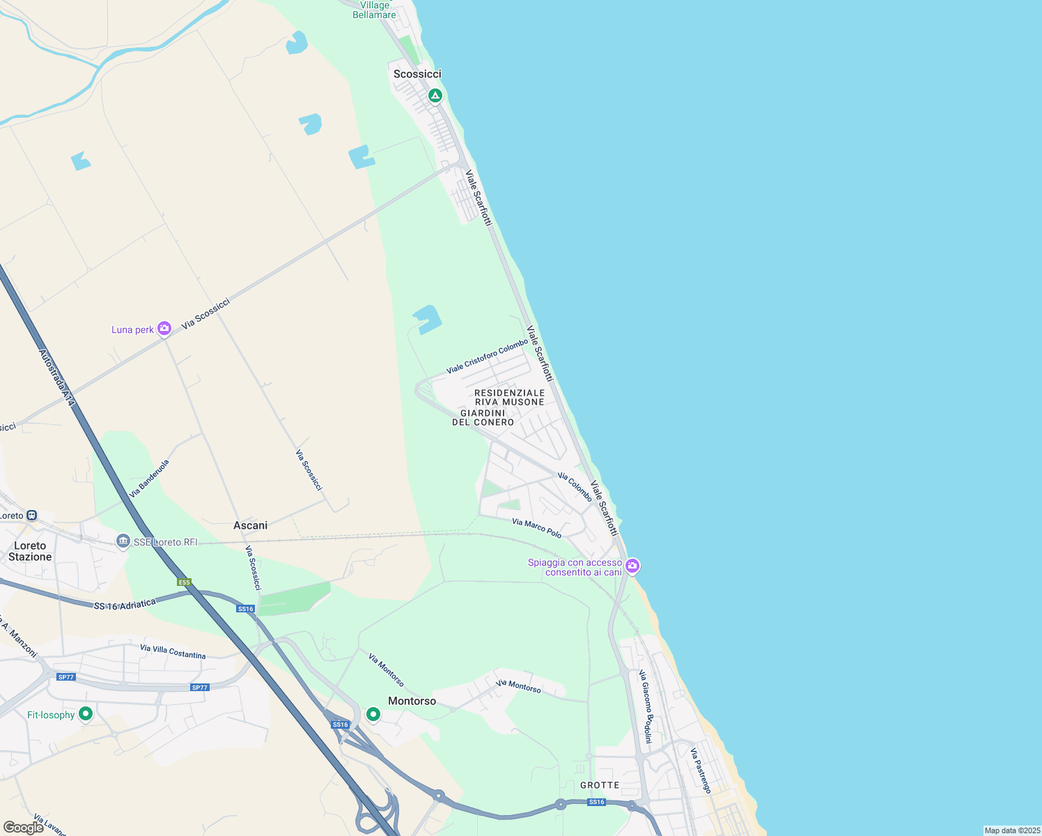 map of restaurants, bars, coffee shops, grocery stores, and more near 62 Via Vasco de Gama in Porto Recanati