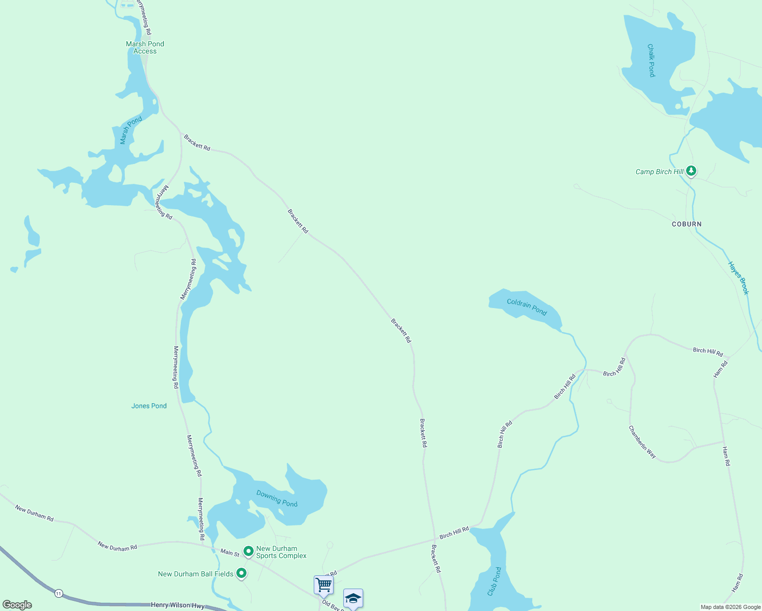 map of restaurants, bars, coffee shops, grocery stores, and more near 142 Brackett Road in New Durham