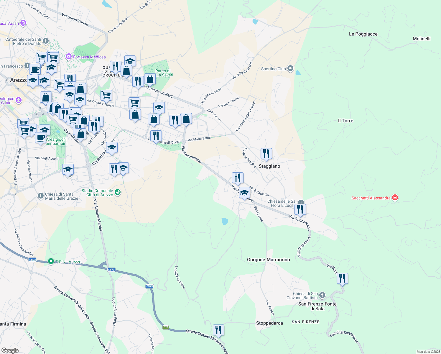 map of restaurants, bars, coffee shops, grocery stores, and more near 125 Via Anconetana in Arezzo