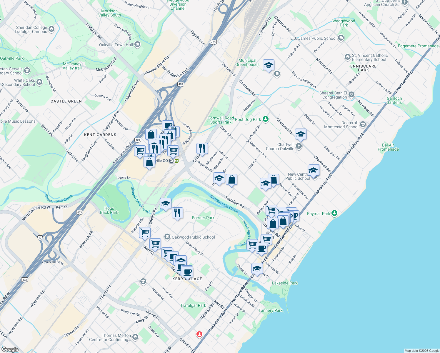 map of restaurants, bars, coffee shops, grocery stores, and more near 348 Macdonald Road in Oakville