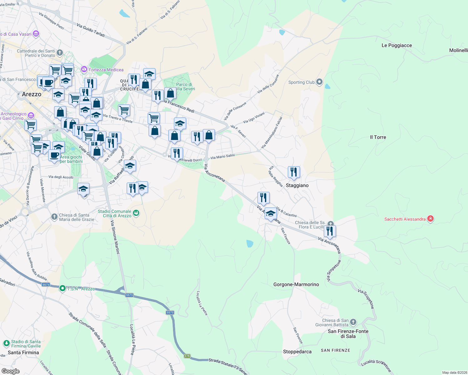 map of restaurants, bars, coffee shops, grocery stores, and more near 125 Via Anconetana in Arezzo