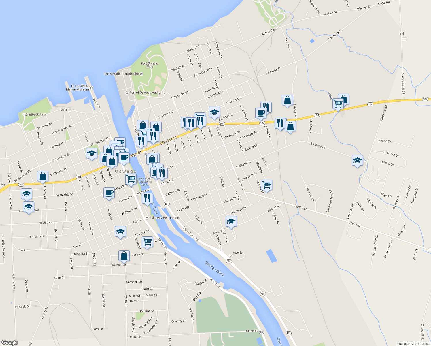 map of restaurants, bars, coffee shops, grocery stores, and more near 91 East Albany Street in Oswego