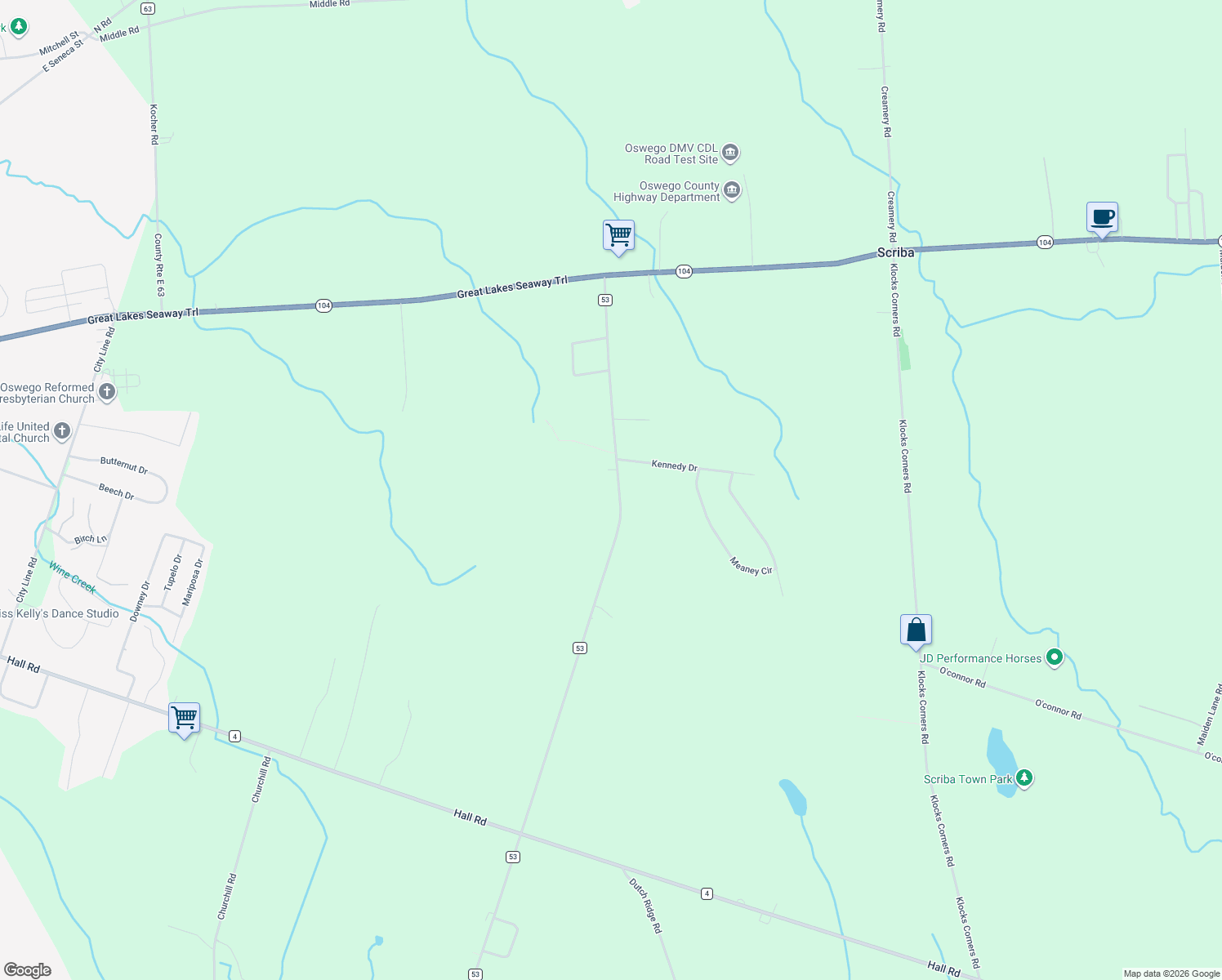 map of restaurants, bars, coffee shops, grocery stores, and more near 1347 County Route 53 in Oswego