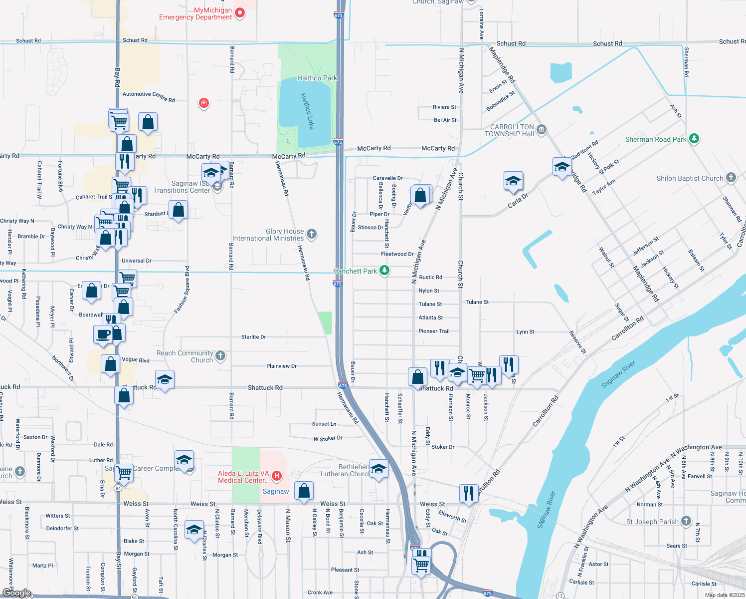 map of restaurants, bars, coffee shops, grocery stores, and more near 902 Tulane Street in Saginaw