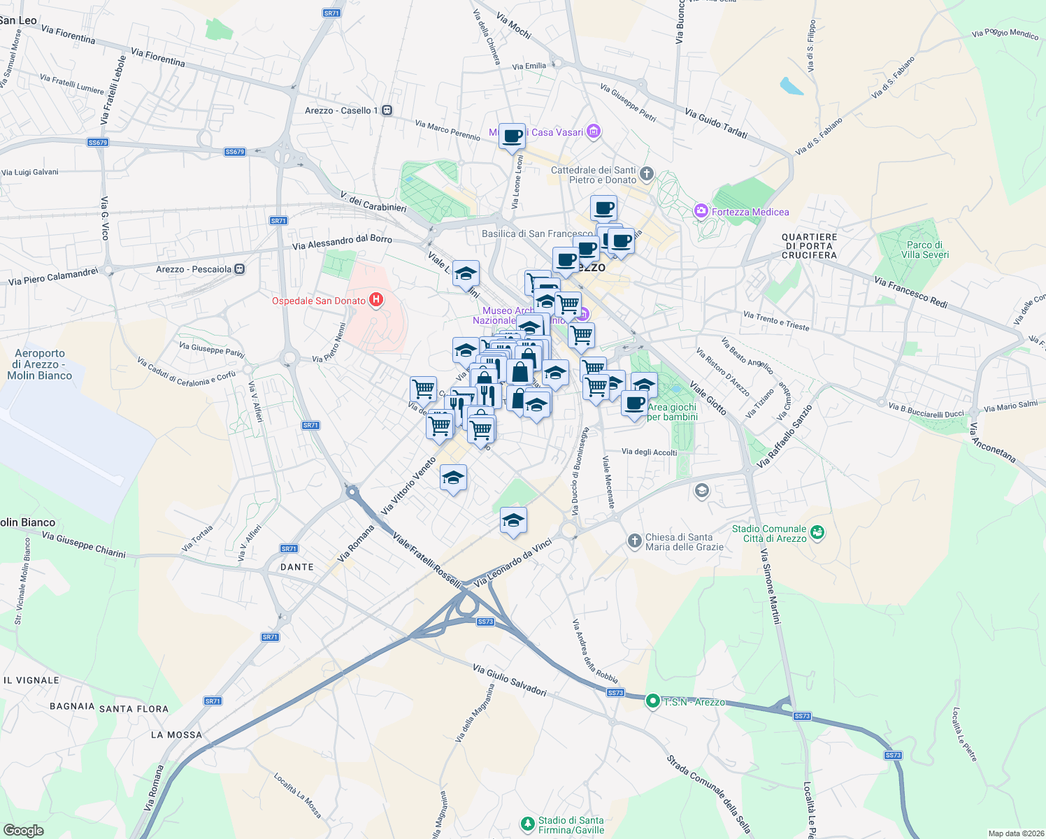 map of restaurants, bars, coffee shops, grocery stores, and more near 19 Via Ombrone in Arezzo
