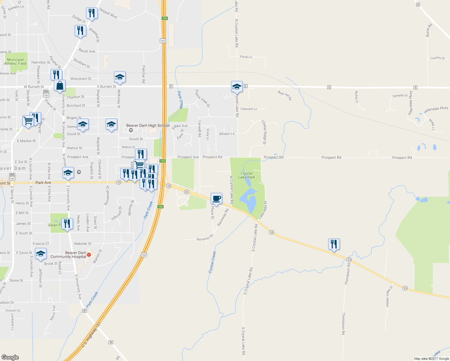 map of restaurants, bars, coffee shops, grocery stores, and more near N7243 N Crystal Lake Rd in Beaver Dam