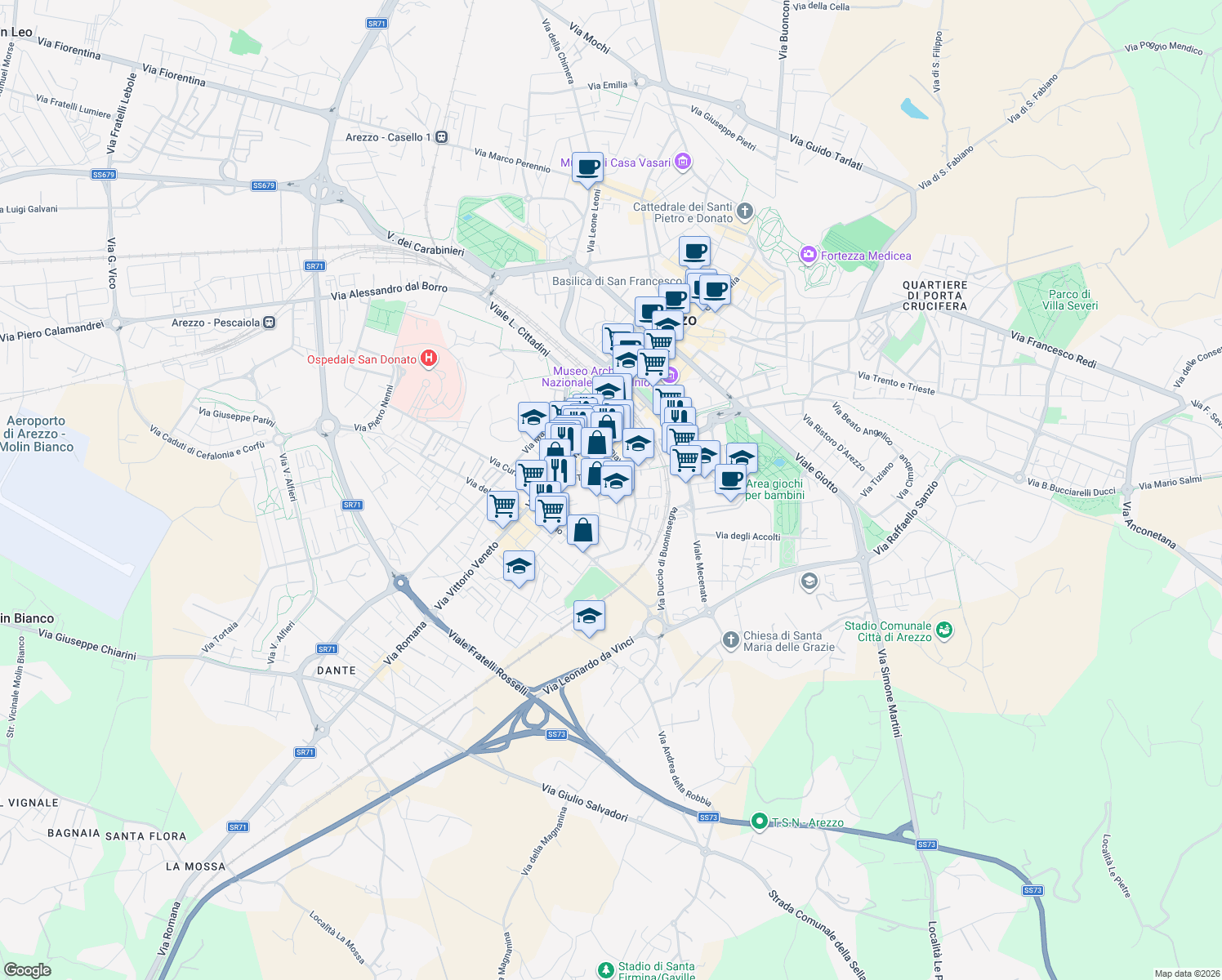 map of restaurants, bars, coffee shops, grocery stores, and more near 19 Via Ombrone in Arezzo
