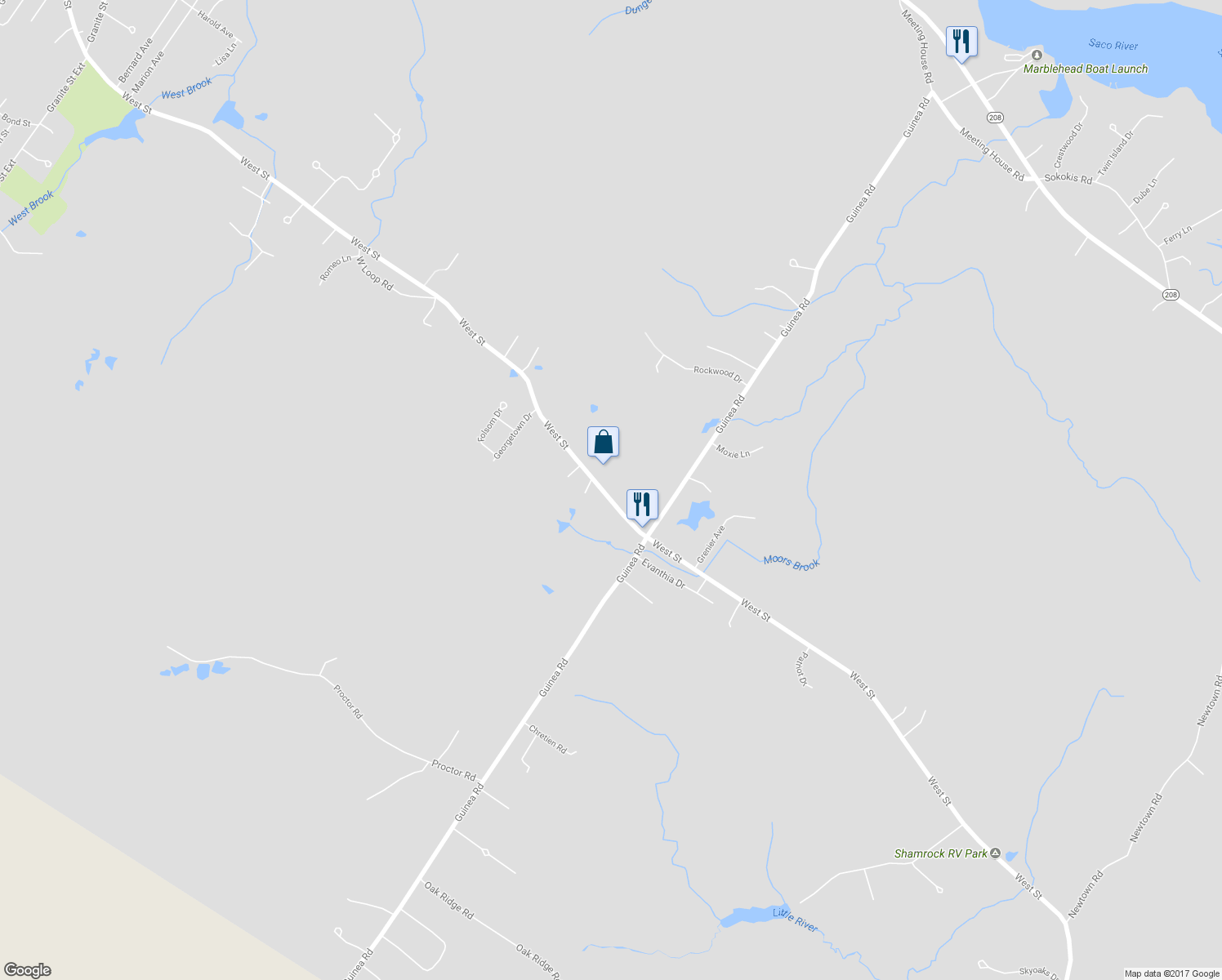 map of restaurants, bars, coffee shops, grocery stores, and more near 257 West Street in Biddeford
