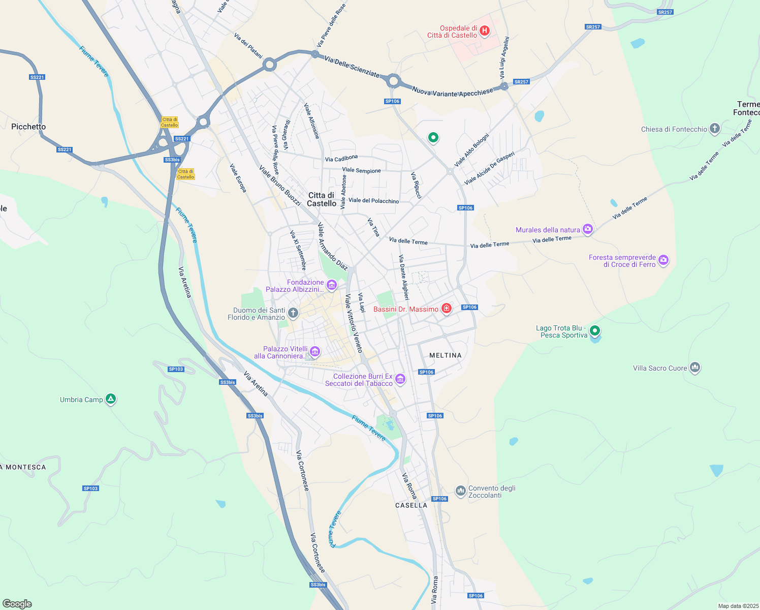 map of restaurants, bars, coffee shops, grocery stores, and more near Via Giacomo Leopardi in Città di Castello
