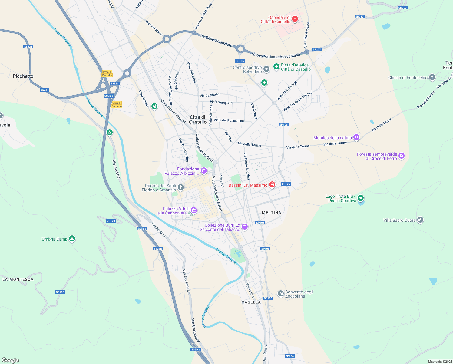 map of restaurants, bars, coffee shops, grocery stores, and more near Via Giacomo Leopardi in Città di Castello