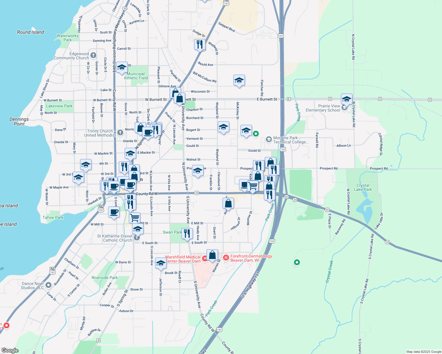 map of restaurants, bars, coffee shops, grocery stores, and more near 125 Cleveland St in Beaver Dam