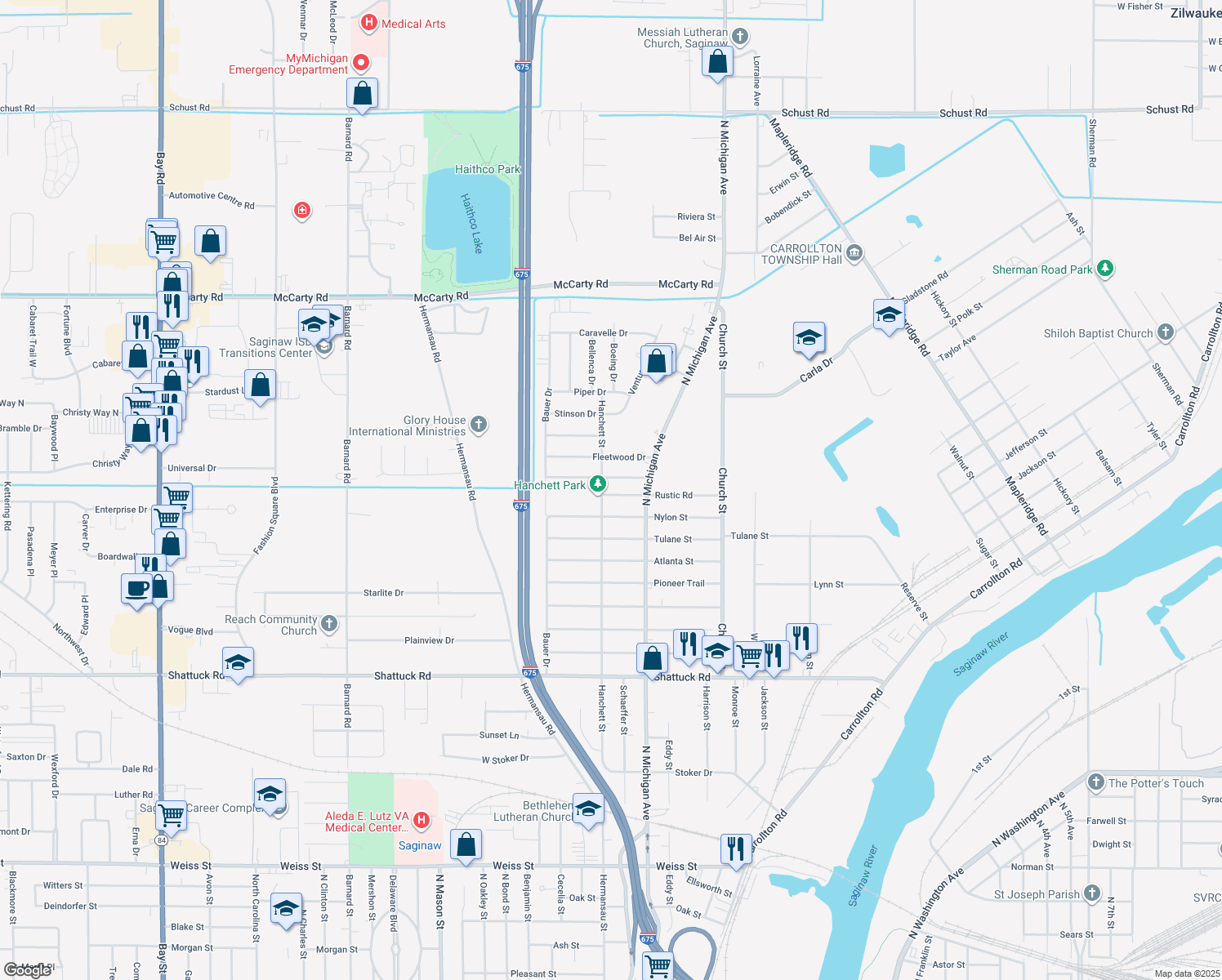 map of restaurants, bars, coffee shops, grocery stores, and more near 738 Rustic Road in Saginaw