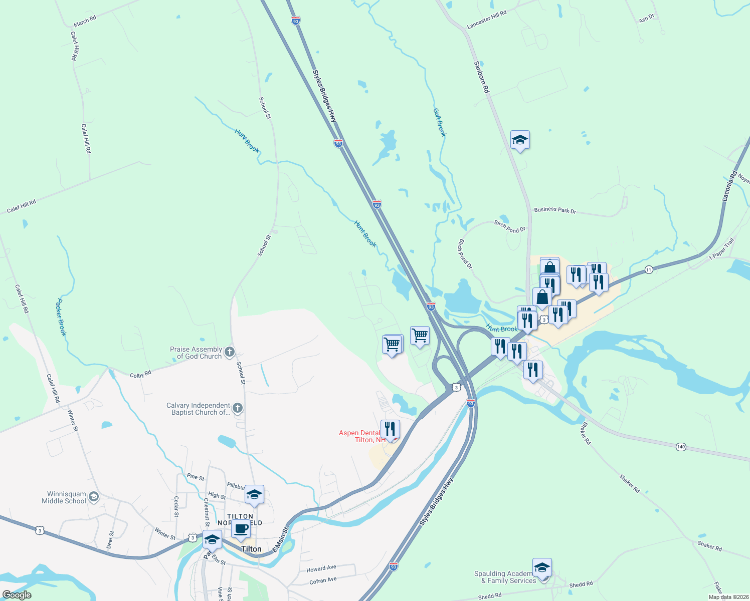 map of restaurants, bars, coffee shops, grocery stores, and more near 1 Pine Hill Road in Tilton