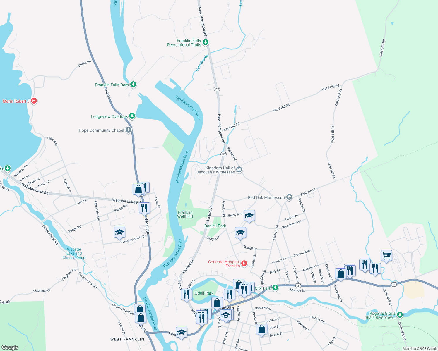 map of restaurants, bars, coffee shops, grocery stores, and more near 385 Victory Drive in Franklin