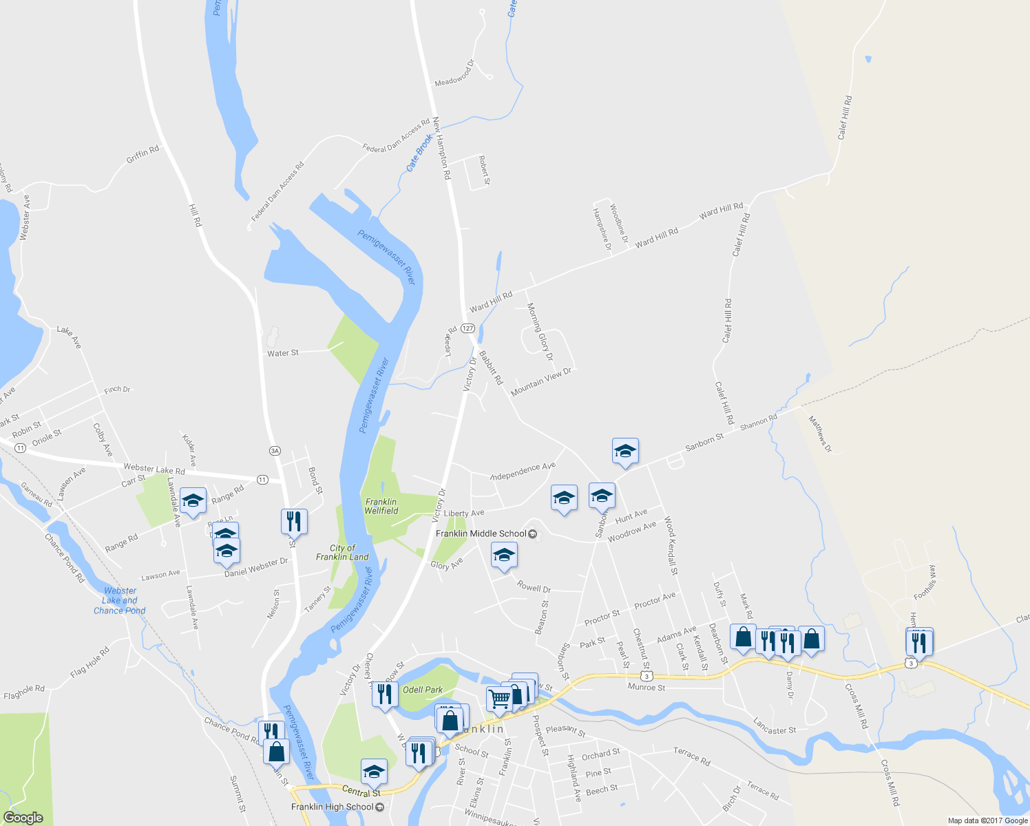 map of restaurants, bars, coffee shops, grocery stores, and more near 41 Babbitt Road in Franklin