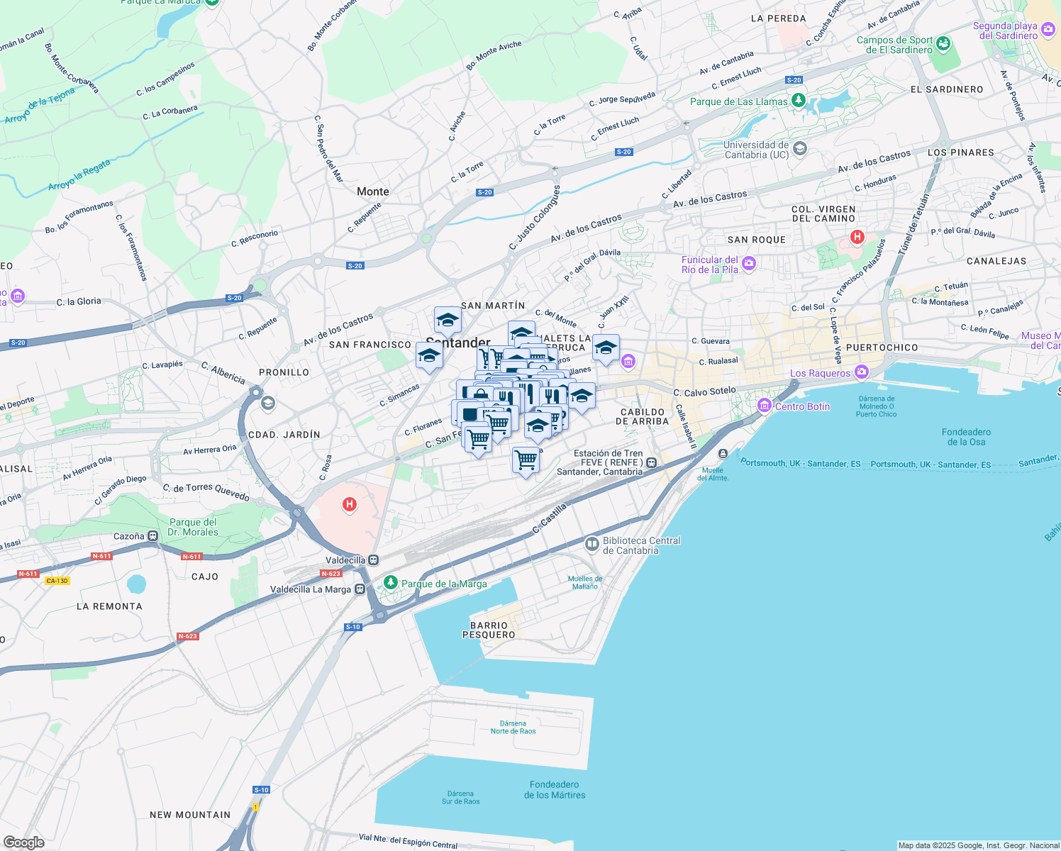 map of restaurants, bars, coffee shops, grocery stores, and more near Calle Tres de Noviembre in Santander