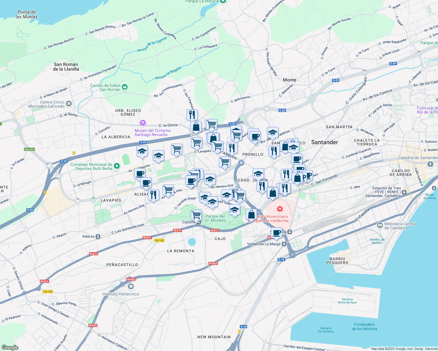 map of restaurants, bars, coffee shops, grocery stores, and more near Calle Manuel Rioz Pedraja in Santander