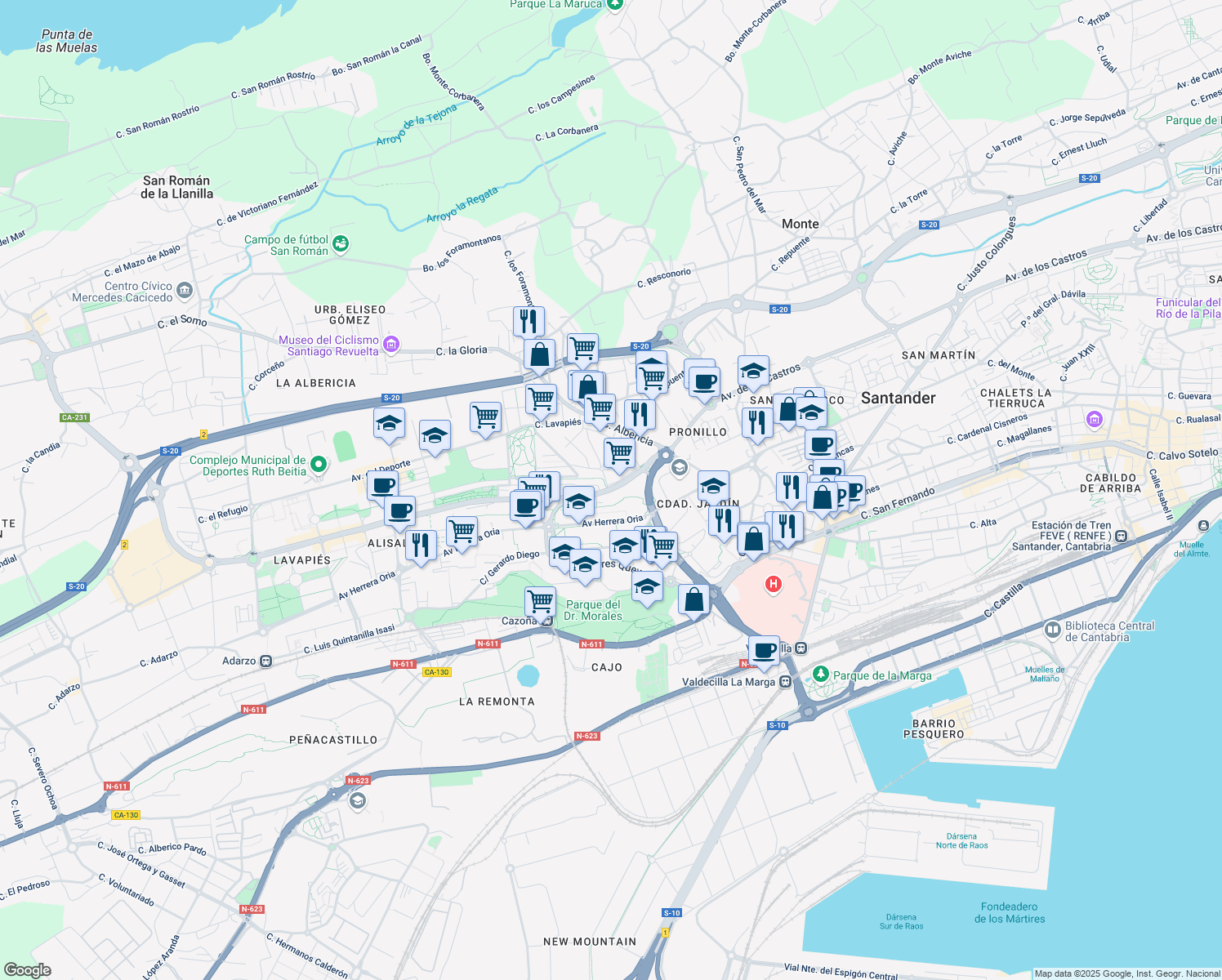 map of restaurants, bars, coffee shops, grocery stores, and more near Calle Manuel Rioz Pedraja in Santander