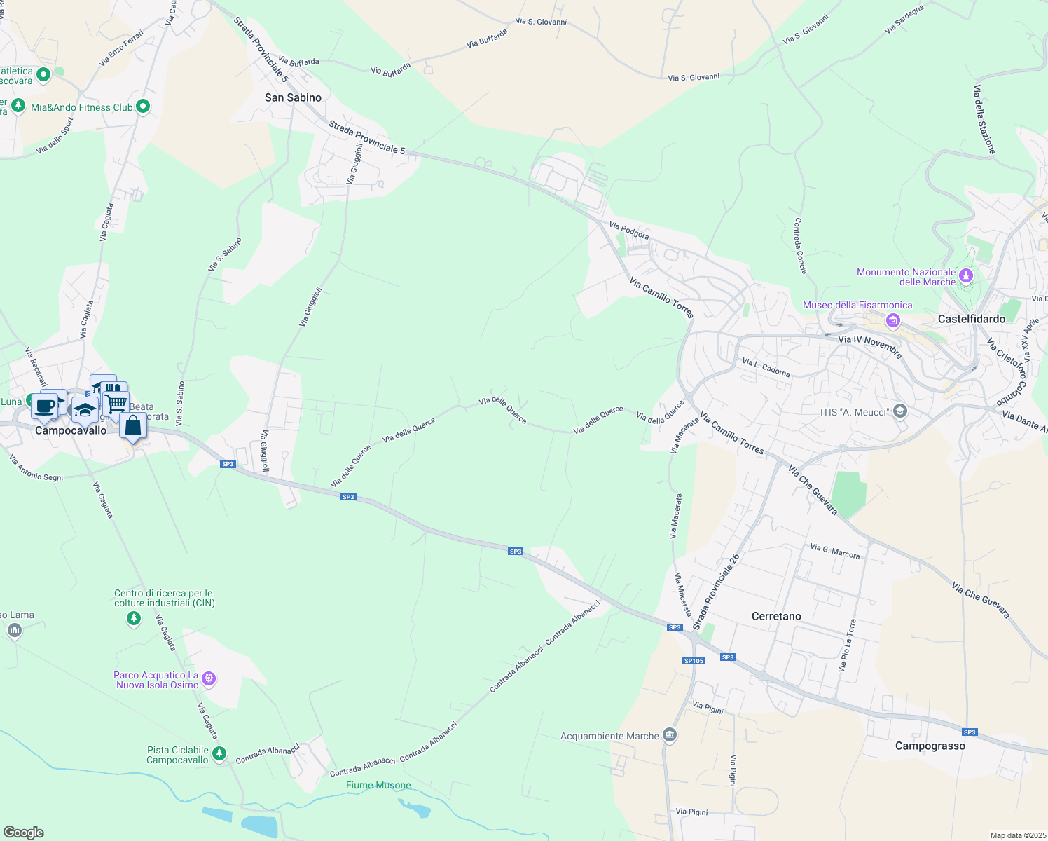 map of restaurants, bars, coffee shops, grocery stores, and more near 12A Via delle Querce in Ancona